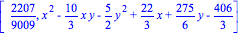 [2207/9009, x^2-10/3*x*y-5/2*y^2+22/3*x+275/6*y-406/3]
